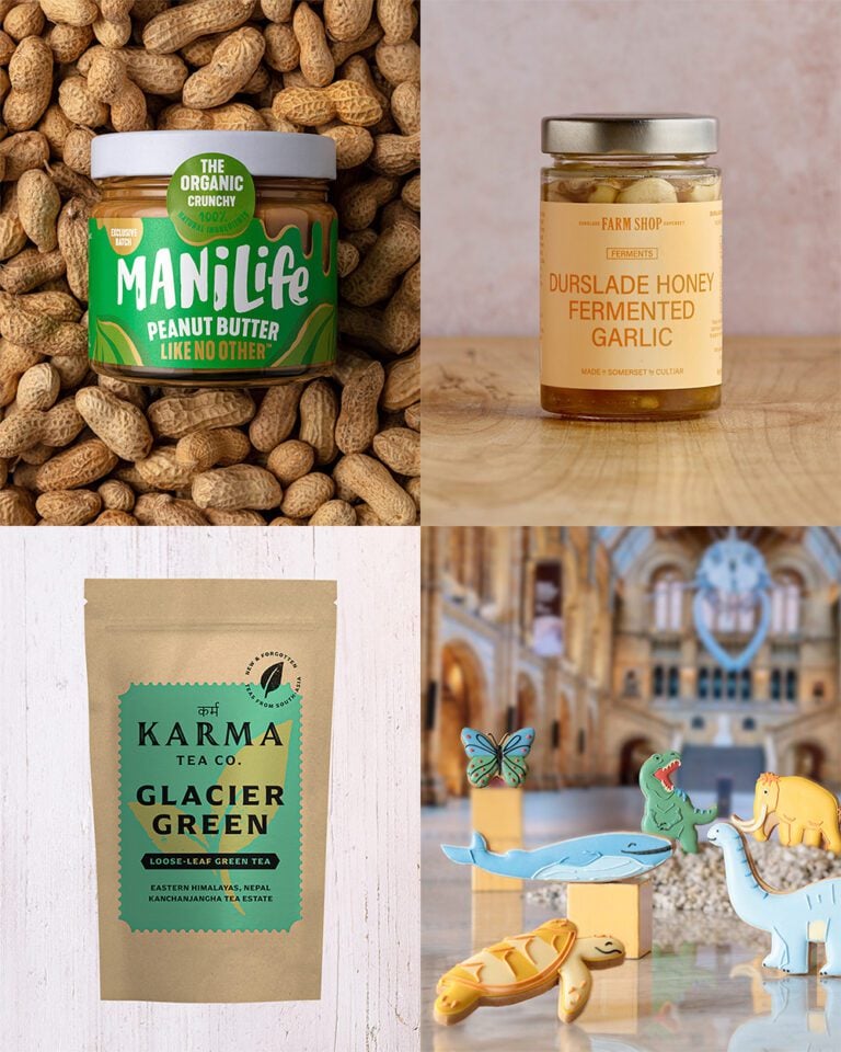 A selection of food products including peanut butter, fermented garlic, tea leaves and iced biscuits