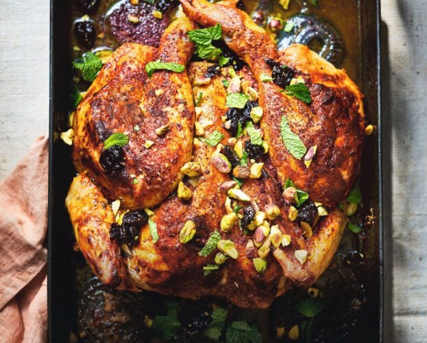 Roast chicken with pistachios and sour cherries