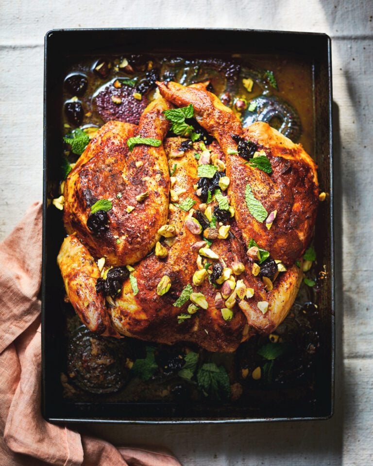 Roast chicken with pistachios and sour cherries