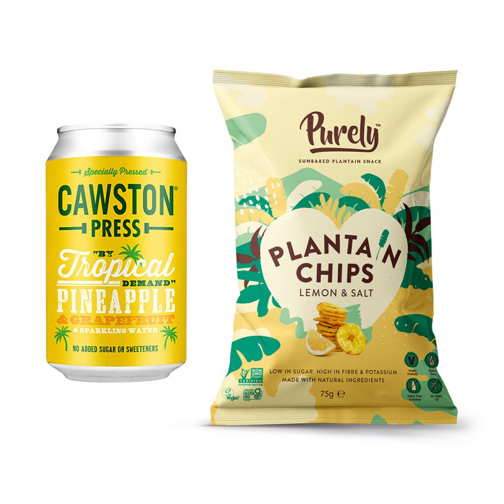 A packet of Purely plantain crisps and can of Cawston Press pineapple and grapefruit drink