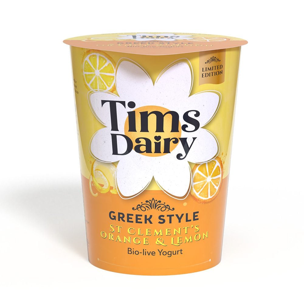 A pot of St Clement's yogurt by Tims Dairy, with yellow and orange label