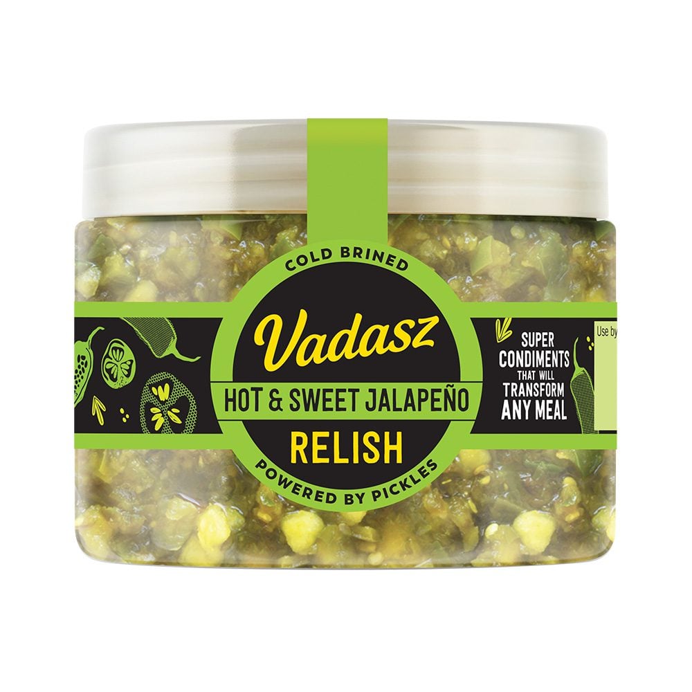 A jar of hot and sweet jalapeño relish by brand Vadasz