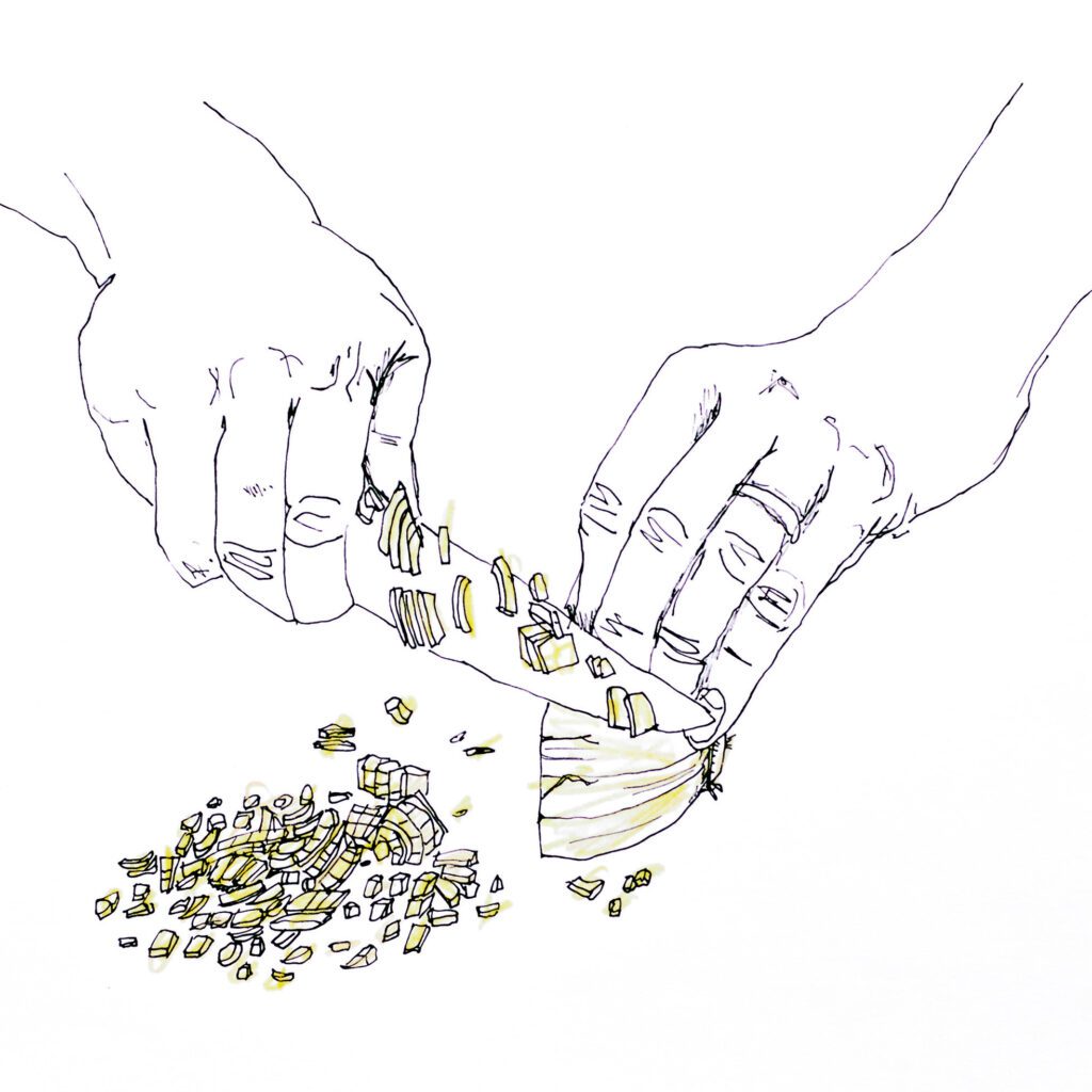An illustration of hands chopping onions