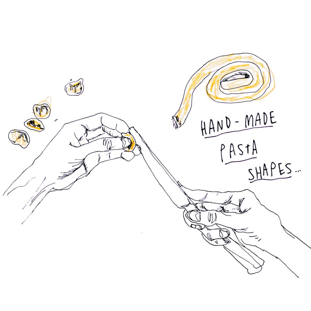 An ilustration showing hands making pasta shapes