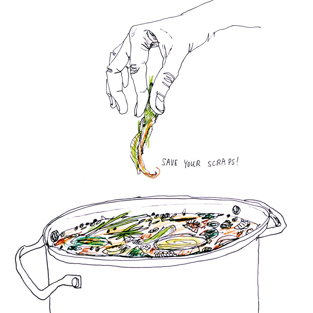 An illustration of a hand adding scraps to a stock pot