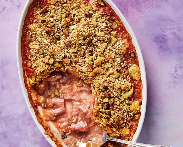 Rhubarb, rose and pistachio crumble