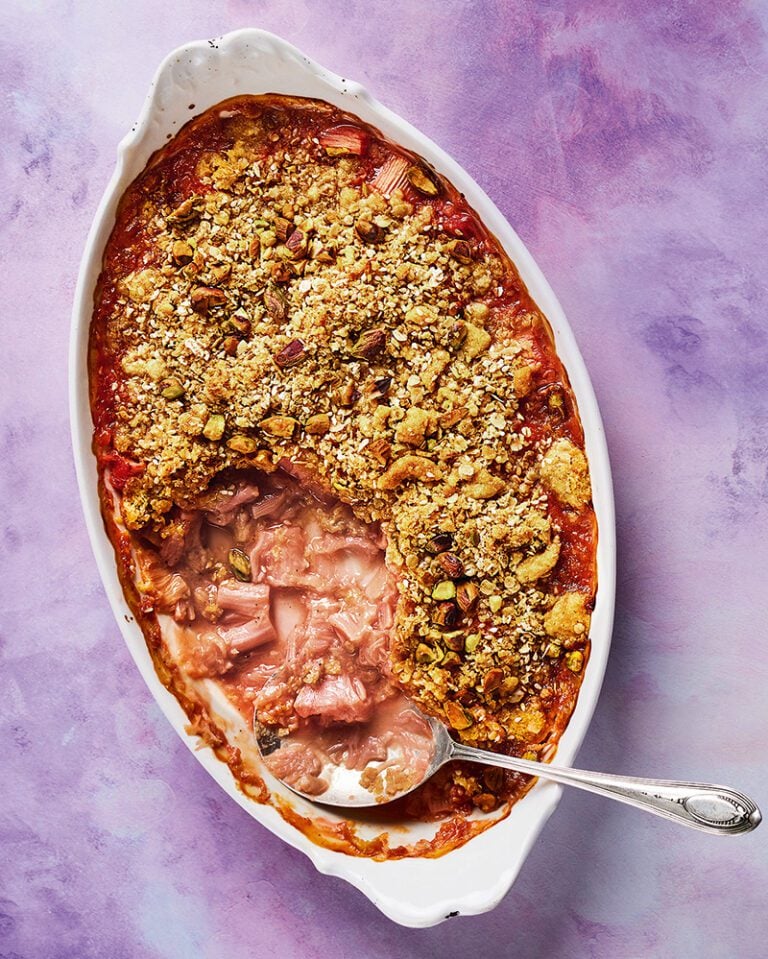Rhubarb, rose and pistachio crumble