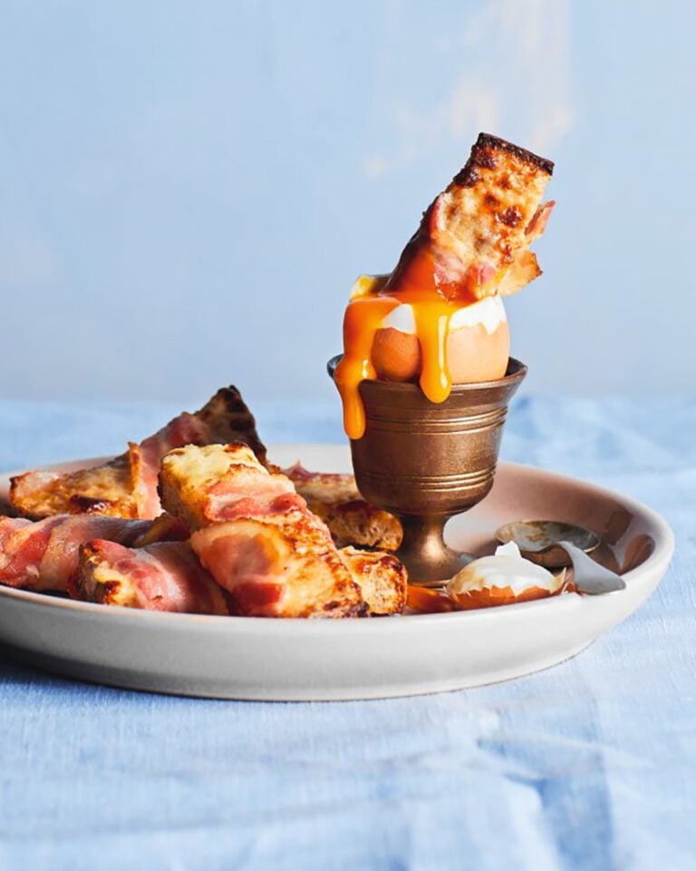 Dippy egg with cheesy pancetta soldiers