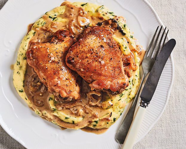 Vinegar-braised chicken with herby polenta