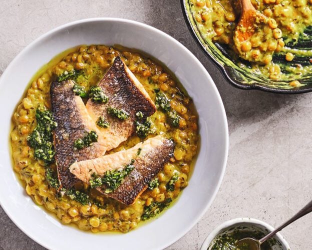 Yellow dal with crispy sea bass and coriander chutney