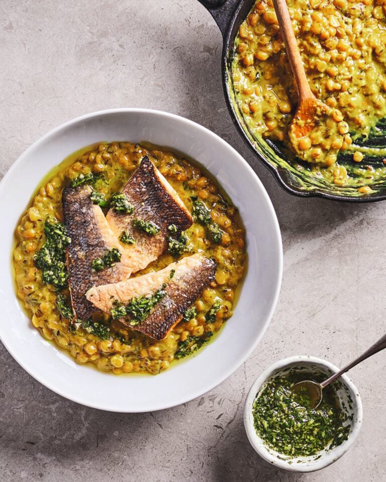 Yellow dal with crispy sea bass and coriander chutney