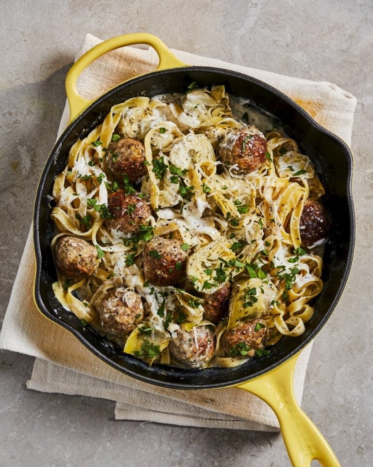 Tagliatelle with lamb meatballs and artichokes