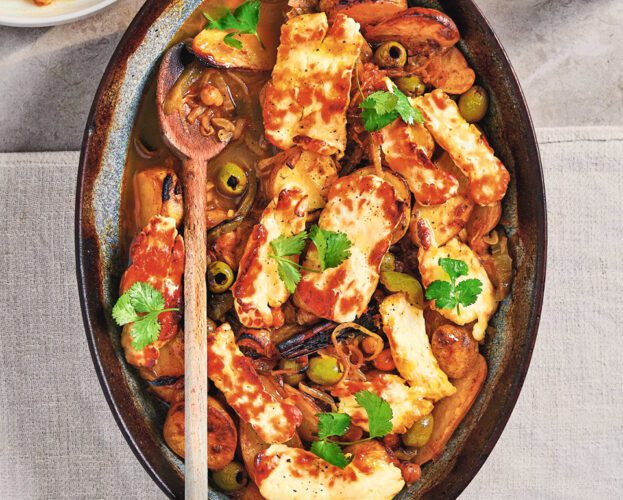 Potato tagine with baked halloumi