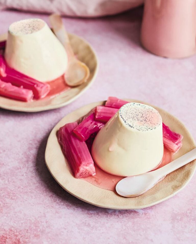 Burnt honey pannacotta with rhubarb and chamomile syrup