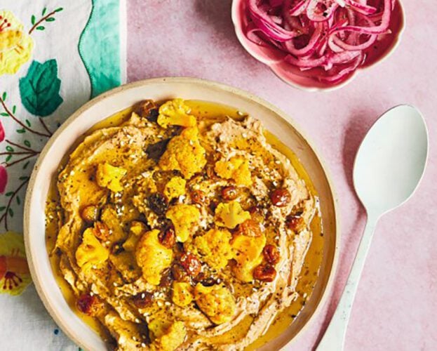 Cauliflower houmous with pickled onions and cauliflower