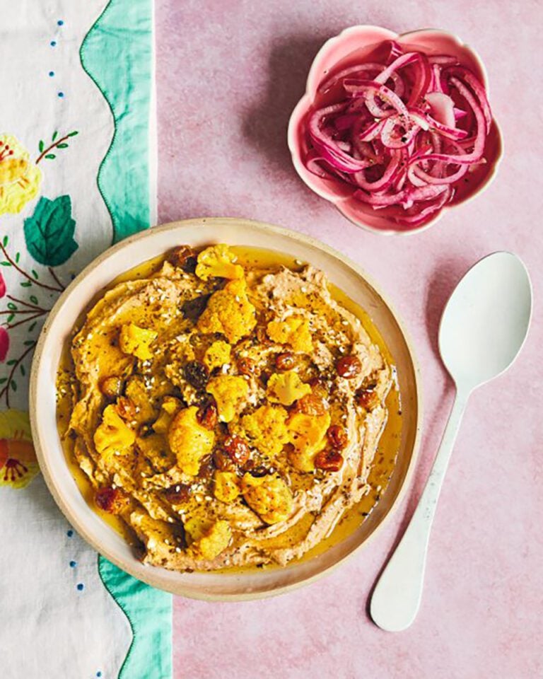 Cauliflower houmous with pickled onions and cauliflower