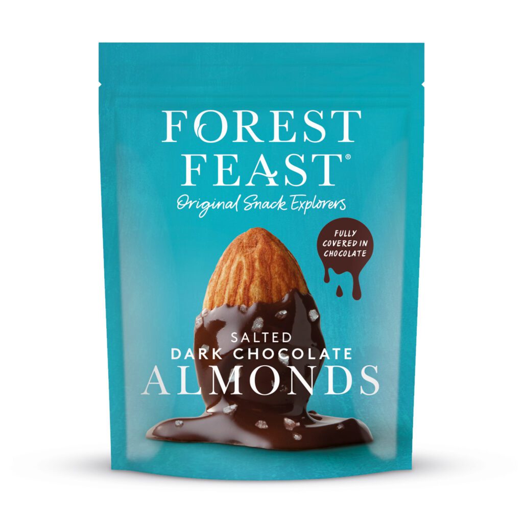 A blue packet of Forest Feast Salted Dark Chocolate Almonds
