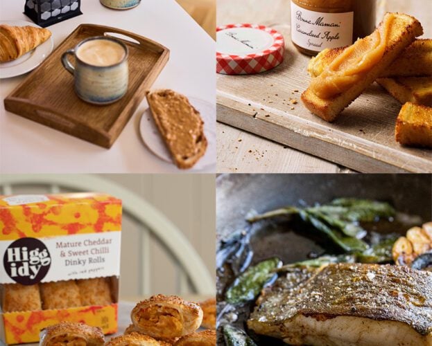 A selection of new food and drink products including coffee, caramelised apple spread, veggie rolls and fresh fish