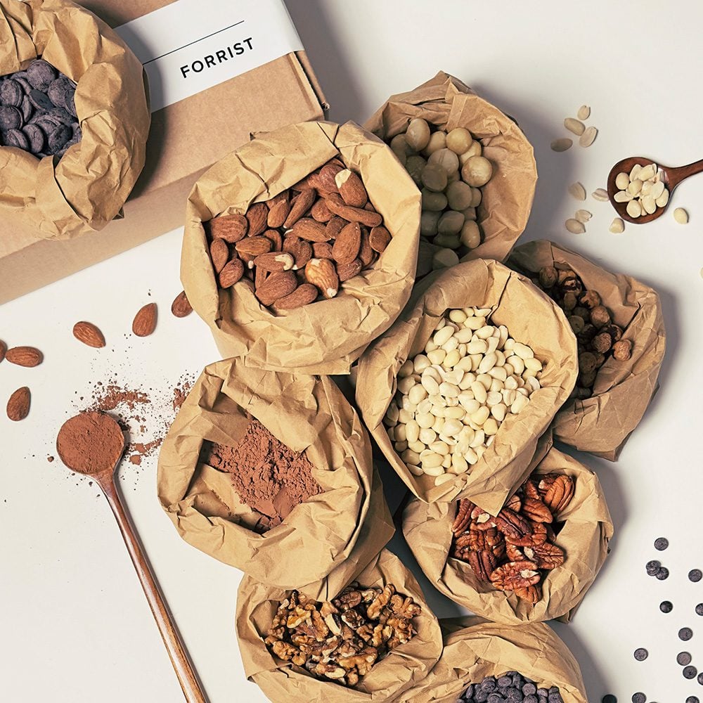 A Forrist discovery box including nuts and chocolate chips
