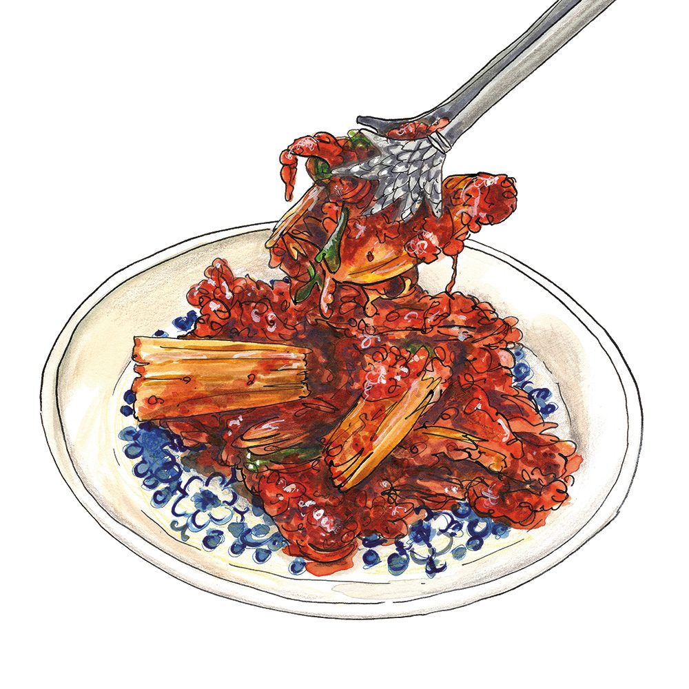 Illustration of kimchi on a plate being lifted by tongs from cookbook Funky by Caitlin Ruth