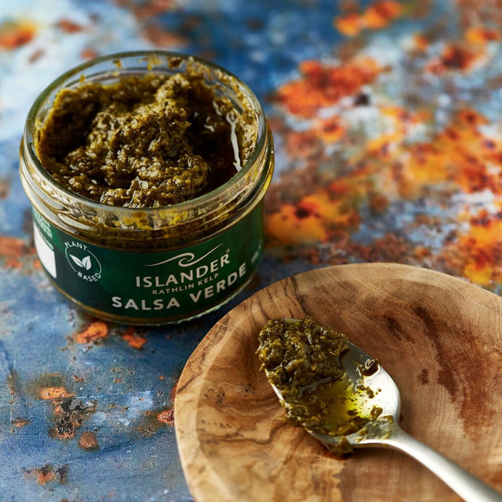 An open jar on Islander Kelp Salsa Verde