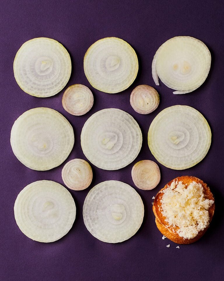 Slices of raw onion and shallot for making French onion soup