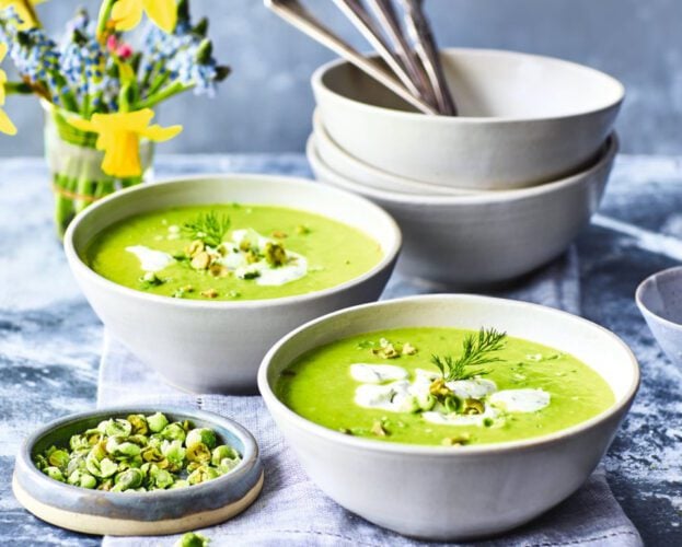 Pea soup with dill and wasabi crème fraîche