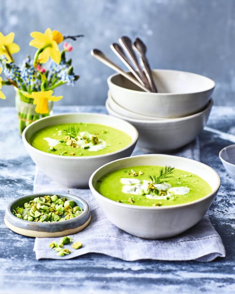 Pea soup with dill and wasabi crème fraîche