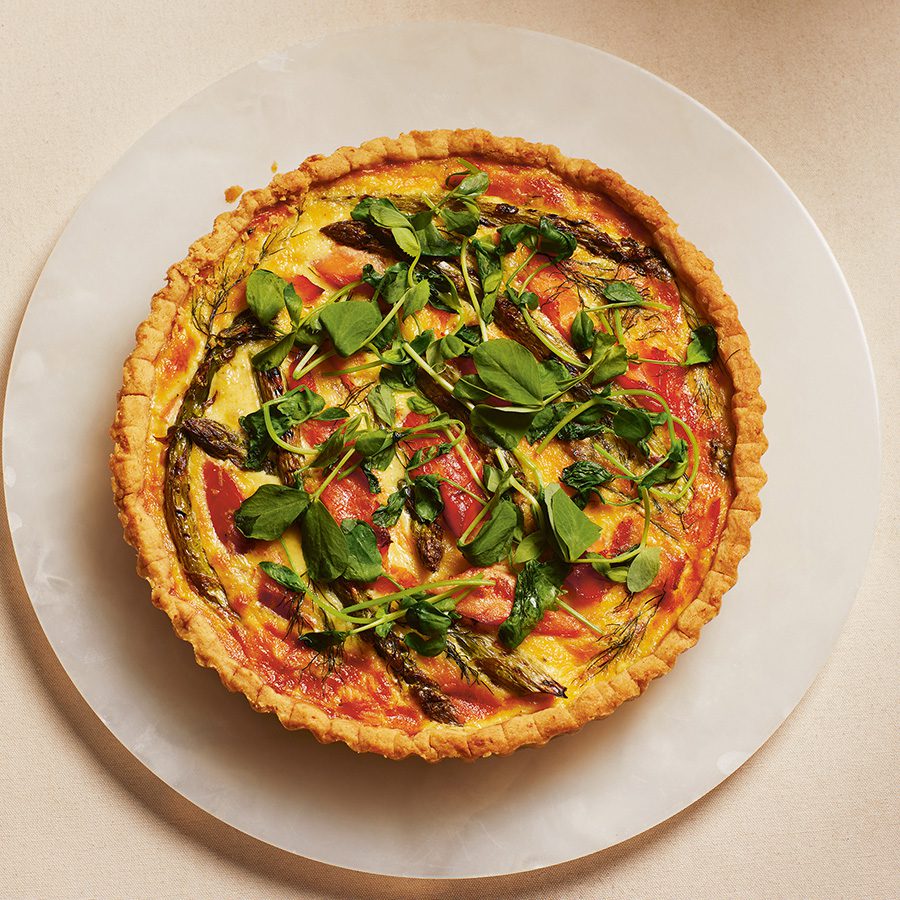 Image of asparagus and trout tart from cookbook Seasoning by Angela Clutton