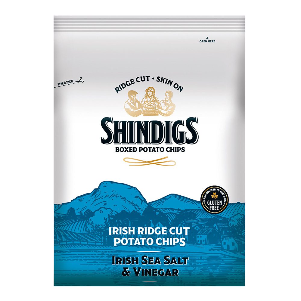 A box of Shindigs Irish Sea Salt & Vinegar Crisps, with blue illustration