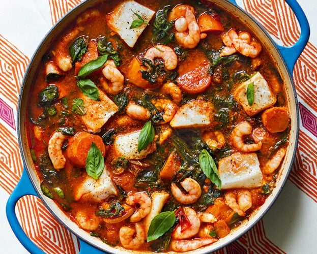 Seafood and spinach pottage with spuds