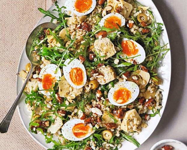Artichoke and barley salad with soft-boiled eggs
