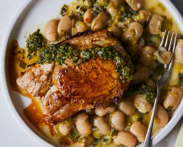 Pork chops with preserved-lemon butter beans