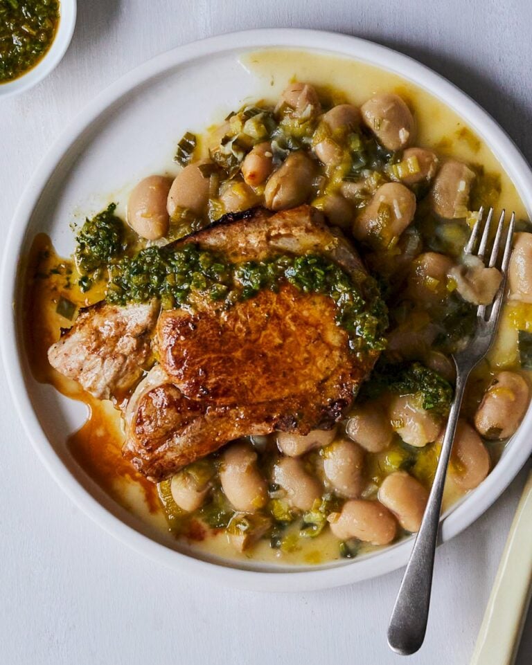 Pork chops with preserved-lemon butter beans