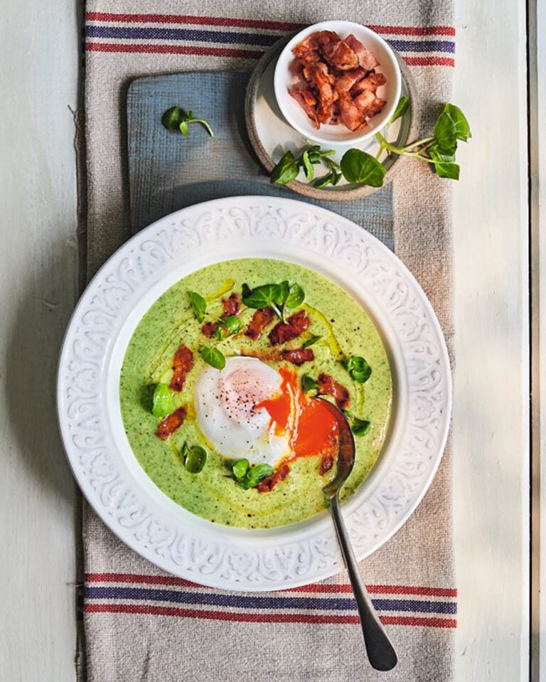Watercress soup with lardons and poached eggs