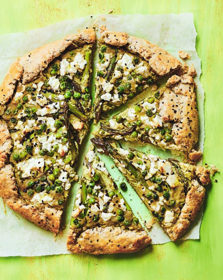 Spring vegetable, feta and miso-sesame galette