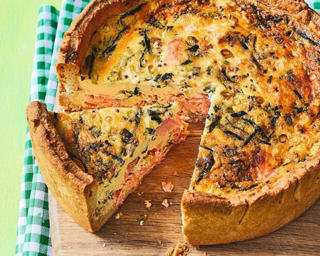 Trout, spring onion and wild garlic quiche