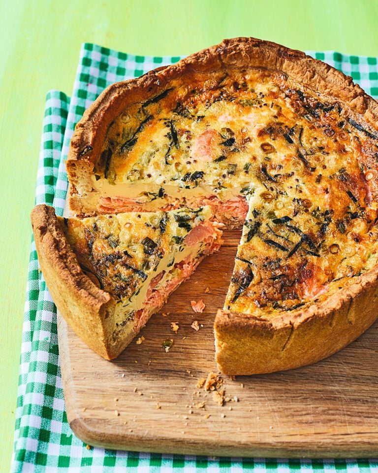 Trout, spring onion and wild garlic quiche