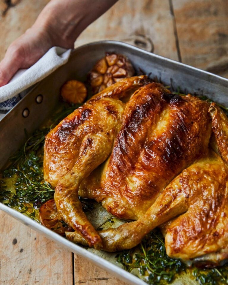 Spatchcocked crispy-skin chicken with herbs, lemon and garlic