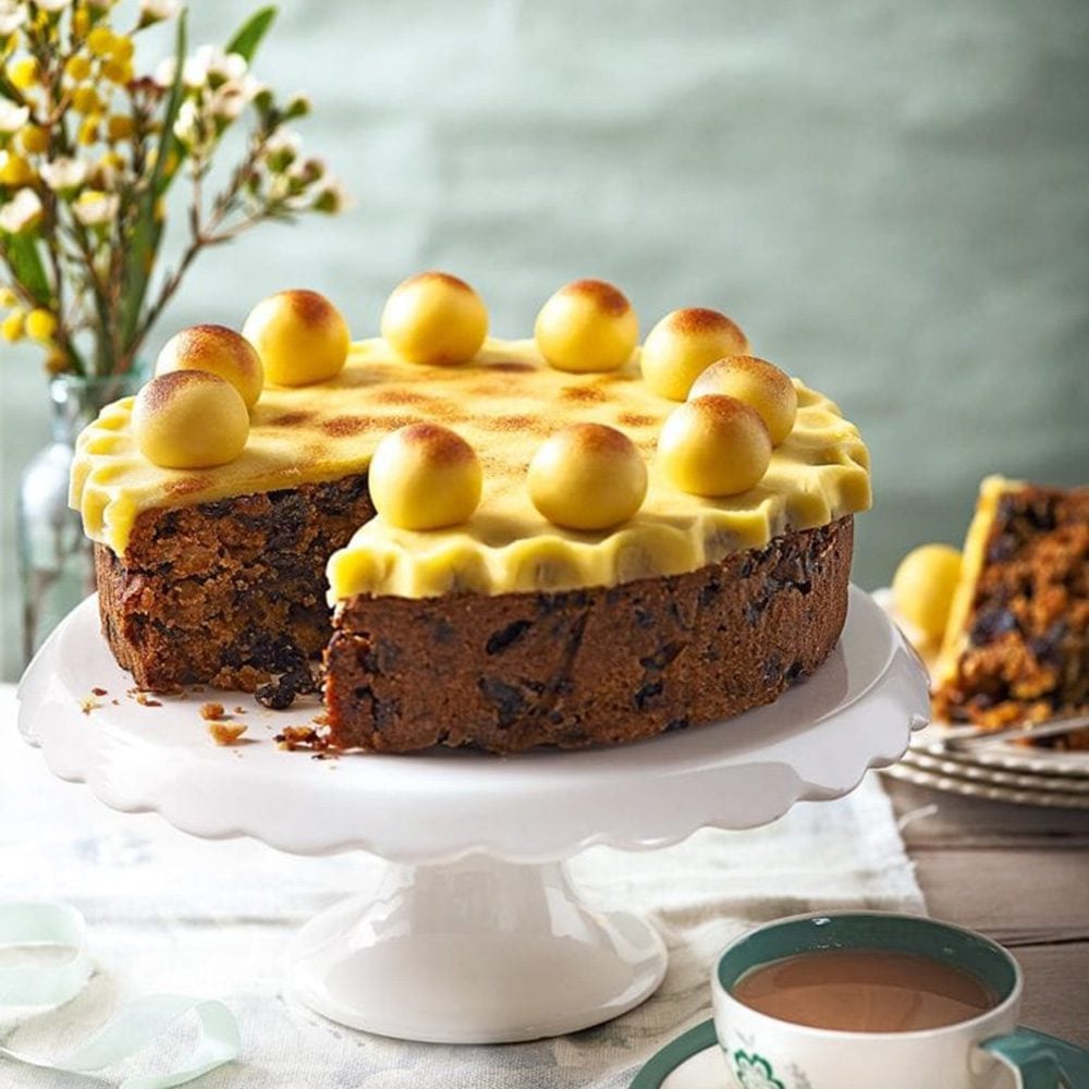 A simnel cake on a cake stand