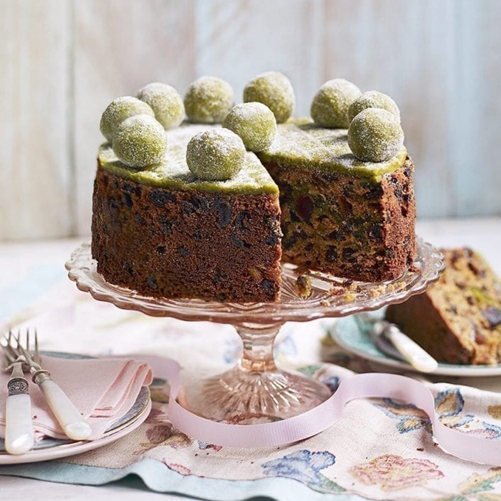 A whisky simnel cake topped with pistachio marzipan