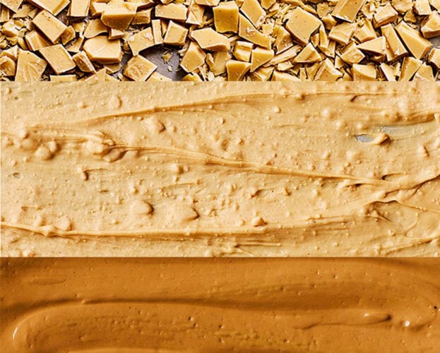 Three stages of making caramelised white chocolate