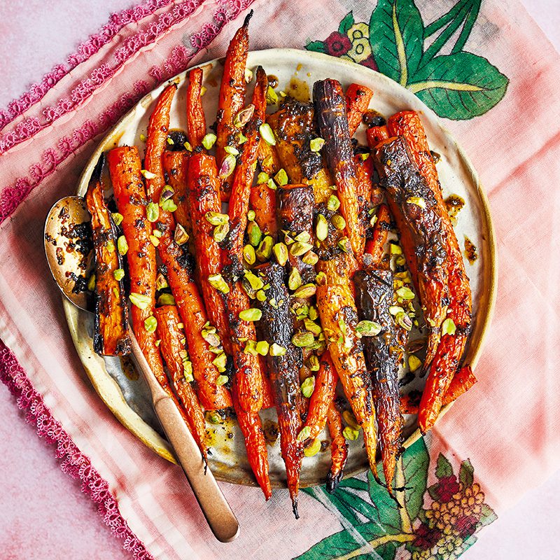 A plate laden with roasted heritage carrots