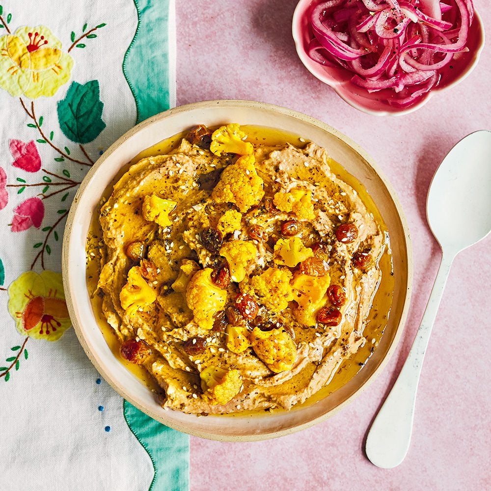 A dish spread with cauliflower houmous