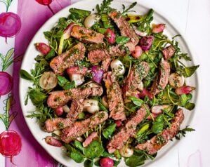 Peppered steak and charred radish salad