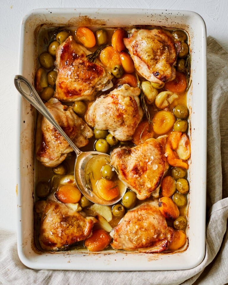 Olive-brined chicken with dried apricots and garlic