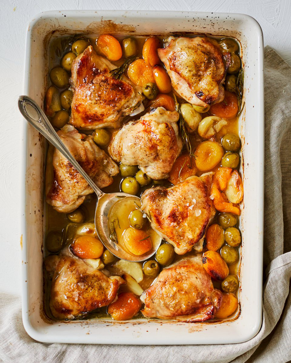 Olivebrined chicken with dried apricots and garlic delicious. magazine