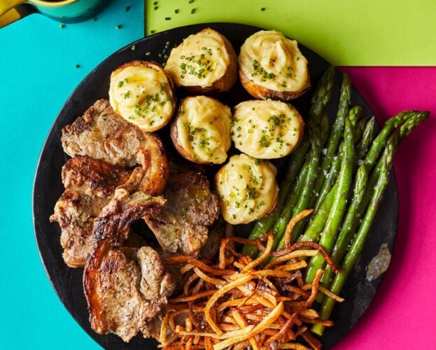 Lamb chop platter with cheesy potato skins