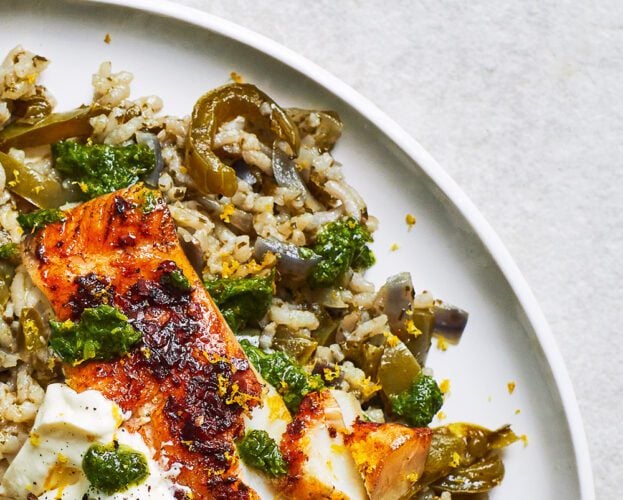 Baked hake with green sauce rice recipe
