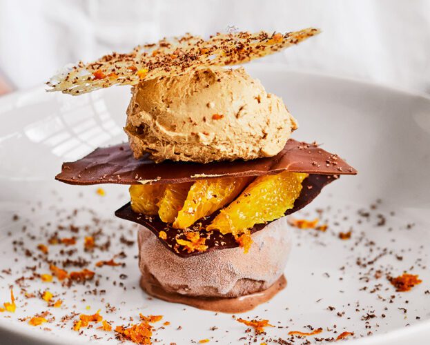 Chef-style chocolate, coffee and orange dessert